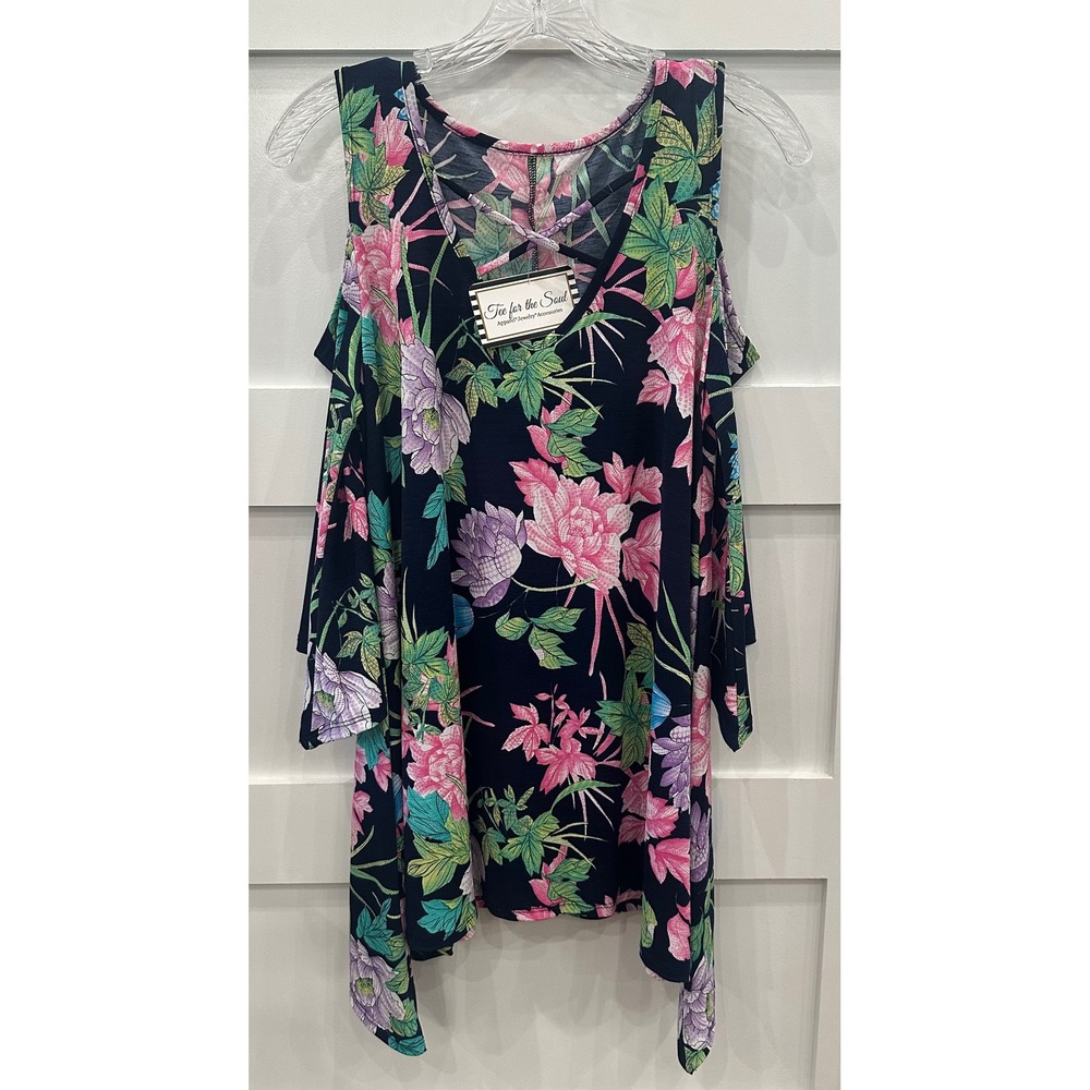 Tee for the Soul All Day Bouquet Navy Floral Cold Shoulder Crisscross Top Medium
